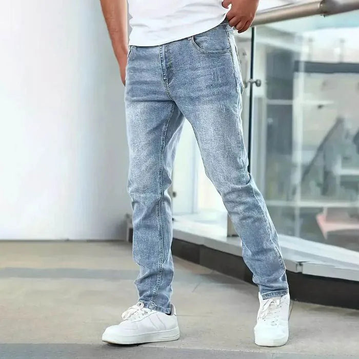 2025 New Men's Slim-Fit Snowflake Washed Jeans Four Seasons Stretch Denim Machine Washable Mid Stretch Casual Pants