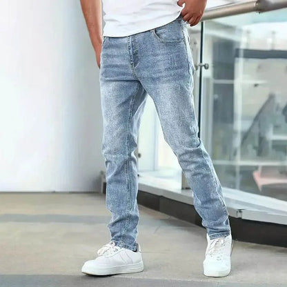 2025 New Men's Slim-Fit Snowflake Washed Jeans Four Seasons Stretch Denim Machine Washable Mid Stretch Casual Pants