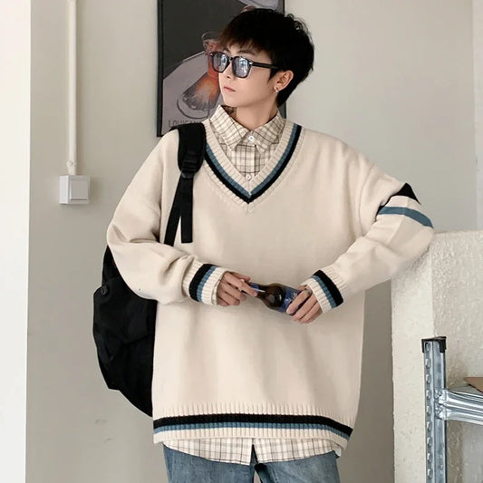 Autumn Winter New Men's Korean Loose Knitted V-neck Casual Sweater Outdoor Fashion Trend Comfortable Breathable Hoodie
