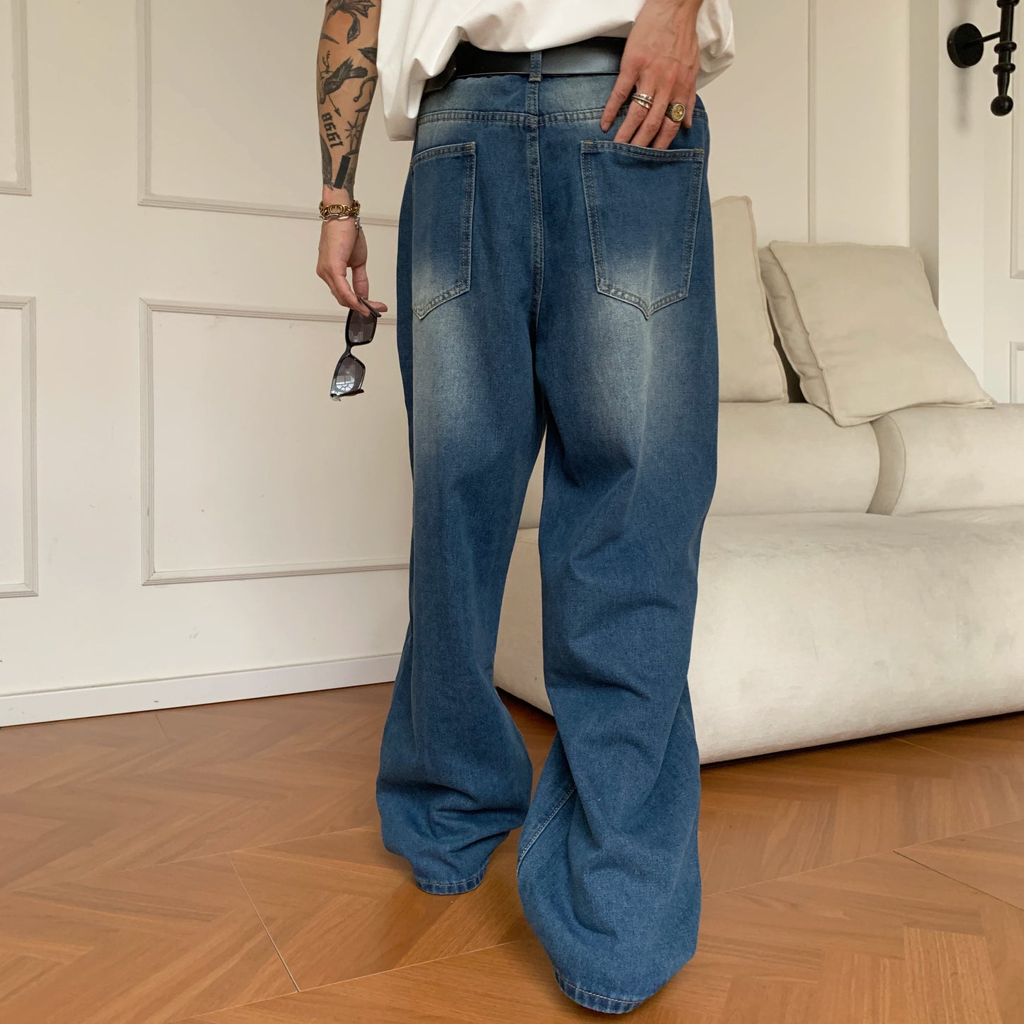 Summer Men's Denim Pants Old Blue Washed Male Baggy Jeans Four Seasons Straight Casual Menwear Loose Wide Leg Trousers Fashion