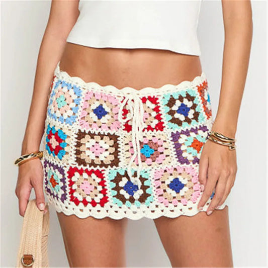 Women Floral Crochet Cover Up Mini Skirt Hollow Out Knit Bikini Swimsuit Coverups Skirt Summer Vacation Beach Skirts