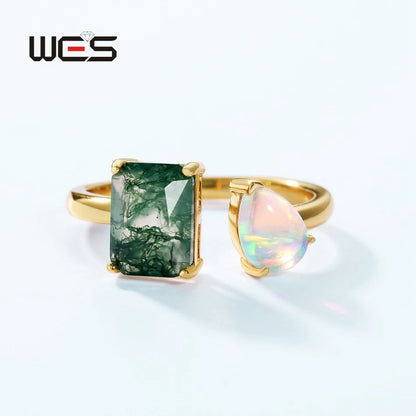 WES 925 Sterling Silver Geometric Natural Moss Agate Adjustable Rings for Women Gemstone Opal Gold Plated Certified Jewelry Band