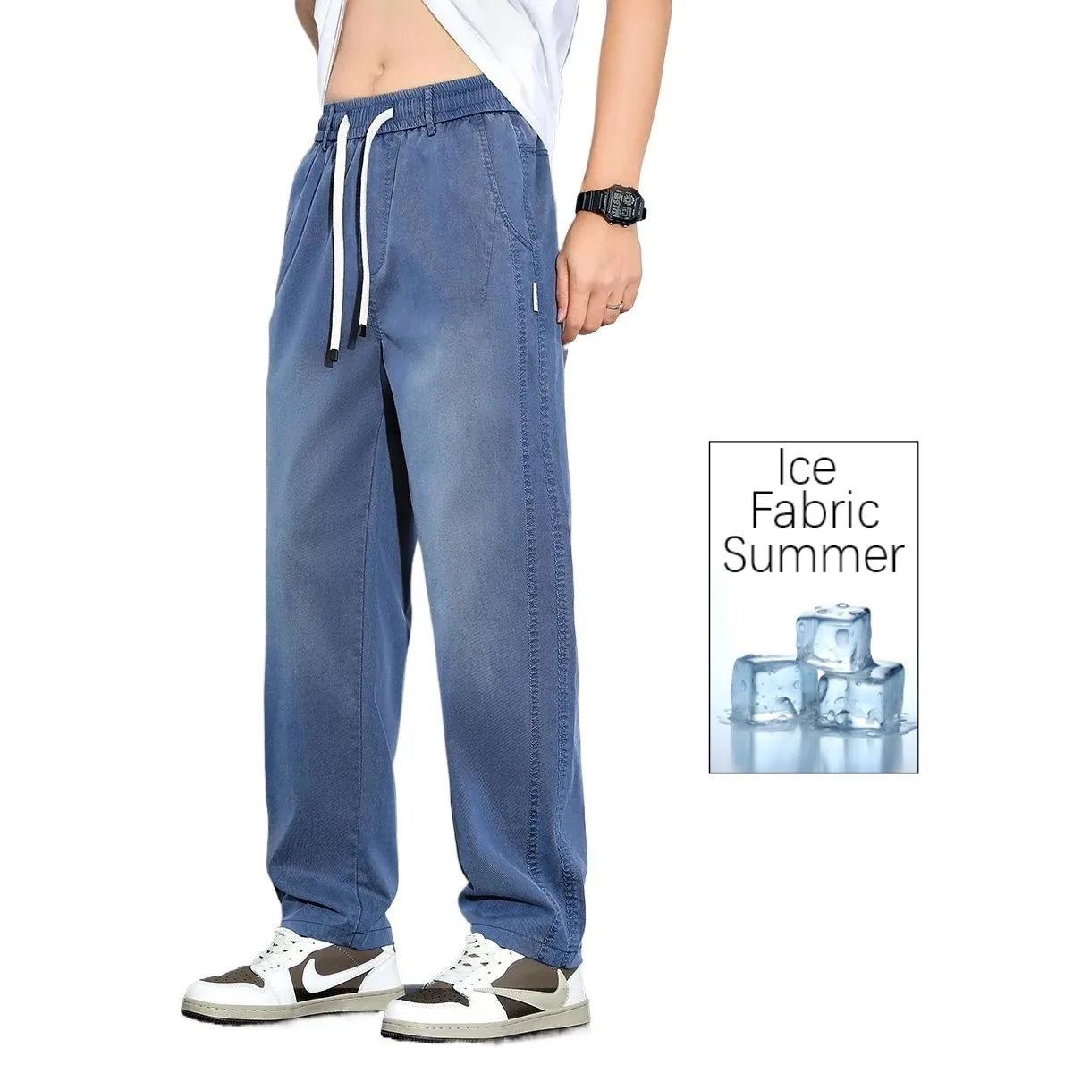 2025 New Ice Silk Thin Denim Jeans For Men Blue Straight Stretch Cotton Pants Business Casual Lightweight Trousers Spring Summer