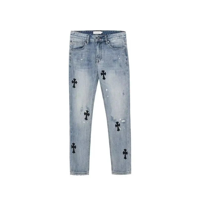 European and American high street cross horn jeans men's hip-hop casual retro trend brand straight tube loose long pants trend
