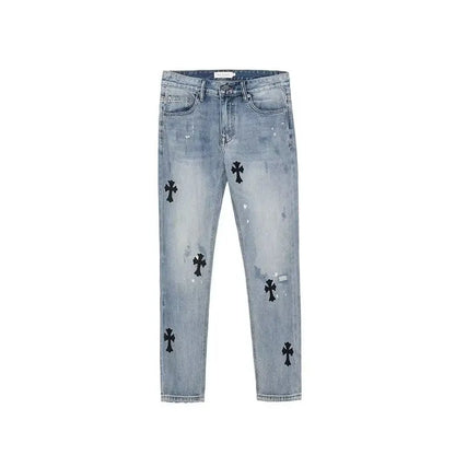 European and American high street cross horn jeans men's hip-hop casual retro trend brand straight tube loose long pants trend