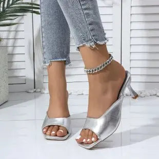 New Style Fine Heeled Slippers Women Fashion Square Head Bright Leather Set Foot Anti-slip Wear-resistant High-heeled Sandals