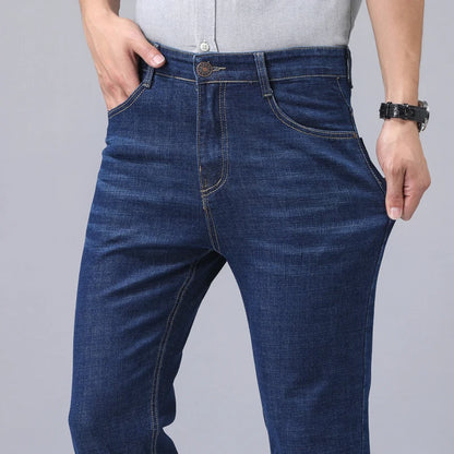 Men's new business casual jeans, comfortable, slightly elastic, mid high waist, classic blue jeans