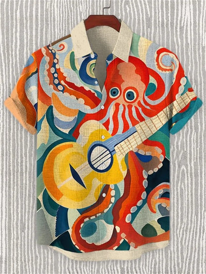 Men's Linen Batik Shirt Retro Short Sleeved Top Fashionable Summer Casual Ethnic Clothing Shirt Plus Size Streetwear