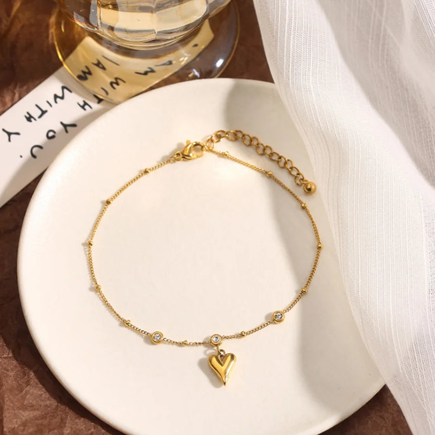 316L Stainless Steel Sweet Gold Color Heart Zircon Anklet Ladies Fashion Trend High Jewelry Beach Accessories SAB123