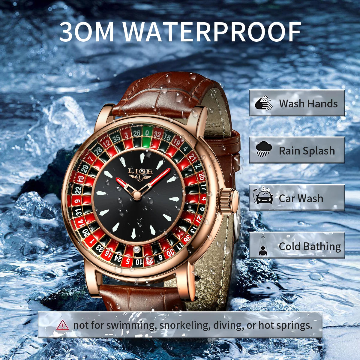 LIGE Fashion Leather Men Lucky Watch Rotating Dial Las Vegas Roulette Desktop Lucky Watch Men Waterproof Luminous Clock Watches
