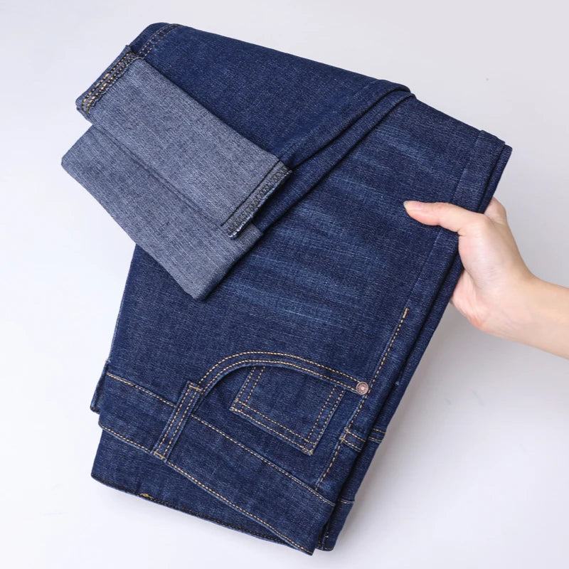 Men's new business casual jeans, comfortable, slightly elastic, mid high waist, classic blue jeans