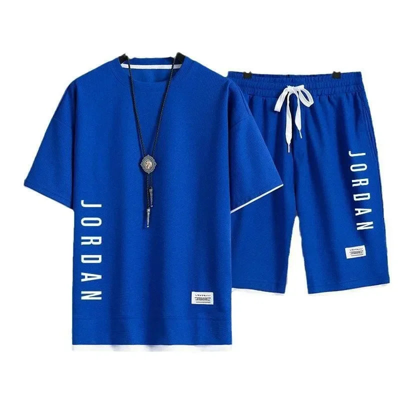 Leisure sports suit men's new summer fashion outdoor basketball jogging men's round neck short-sleeved T-shirt shorts 2 sets