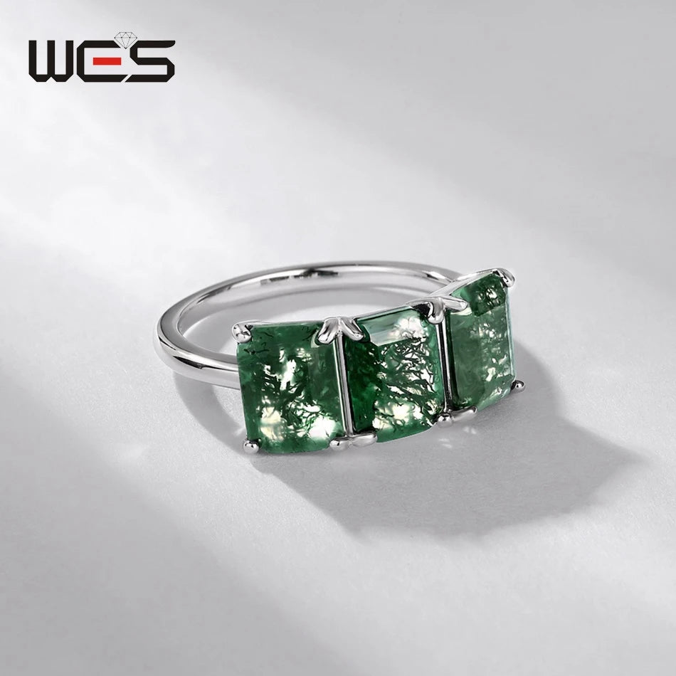 WES 925 Sterling Silver Three Stones Natural 6*8mm Moss Agate Ring for Woman Luxury Jewelry Wedding Party Gift Rhodium Plated