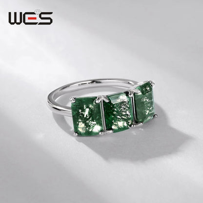 WES 925 Sterling Silver Three Stones Natural 6*8mm Moss Agate Ring for Woman Luxury Jewelry Wedding Party Gift Rhodium Plated