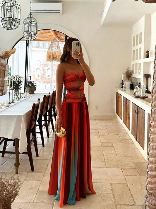Sexy Printed Gradient Strapless Cut Out Dress Women's Backless Off Shoulder A-line Robes Female Summer Holidays Beachwear 2025