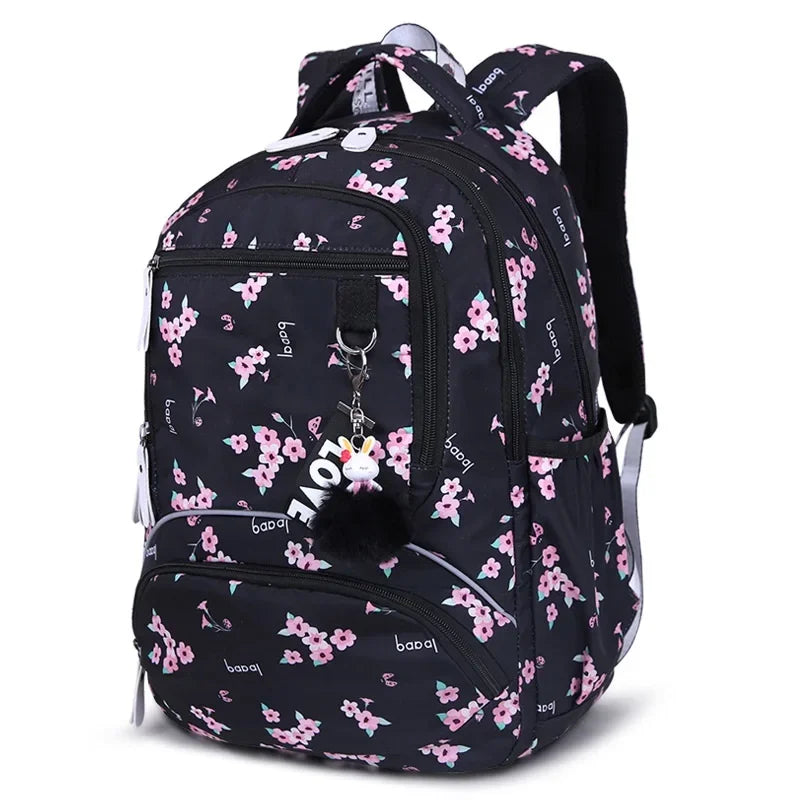 School Backpacks Girls 2024 Flower Print Backpack Women Pink Black School Bag Junior High School Students Mochilas Escolares New