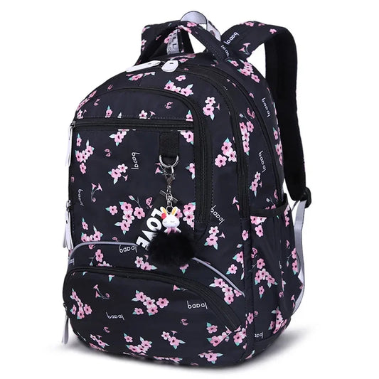 School Backpacks Girls 2024 Flower Print Backpack Women Pink Black School Bag Junior High School Students Mochilas Escolares New