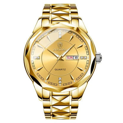 2025 New Watch Diamond Luxury Night Glow Double Calendar Quartz Movement Gold Blue Stainless Steel Fashion Business Man Watch