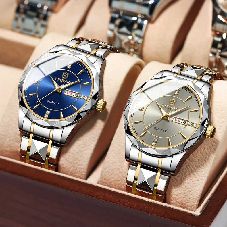 2025 New Watch Diamond Luxury Night Glow Double Calendar Quartz Movement Gold Blue Stainless Steel Fashion Business Man Watch