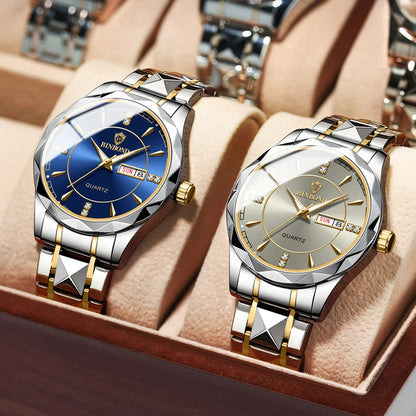 2025 New Watch Diamond Luxury Night Glow Double Calendar Quartz Movement Gold Blue Stainless Steel Fashion Business Man Watch