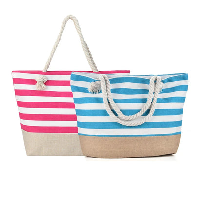 Striped Zipper Outer Bag For Outdoor Travel Vacation Waterproof Canvas Shoulder Bag Convenient Folding Beach Bag Shopping Totes