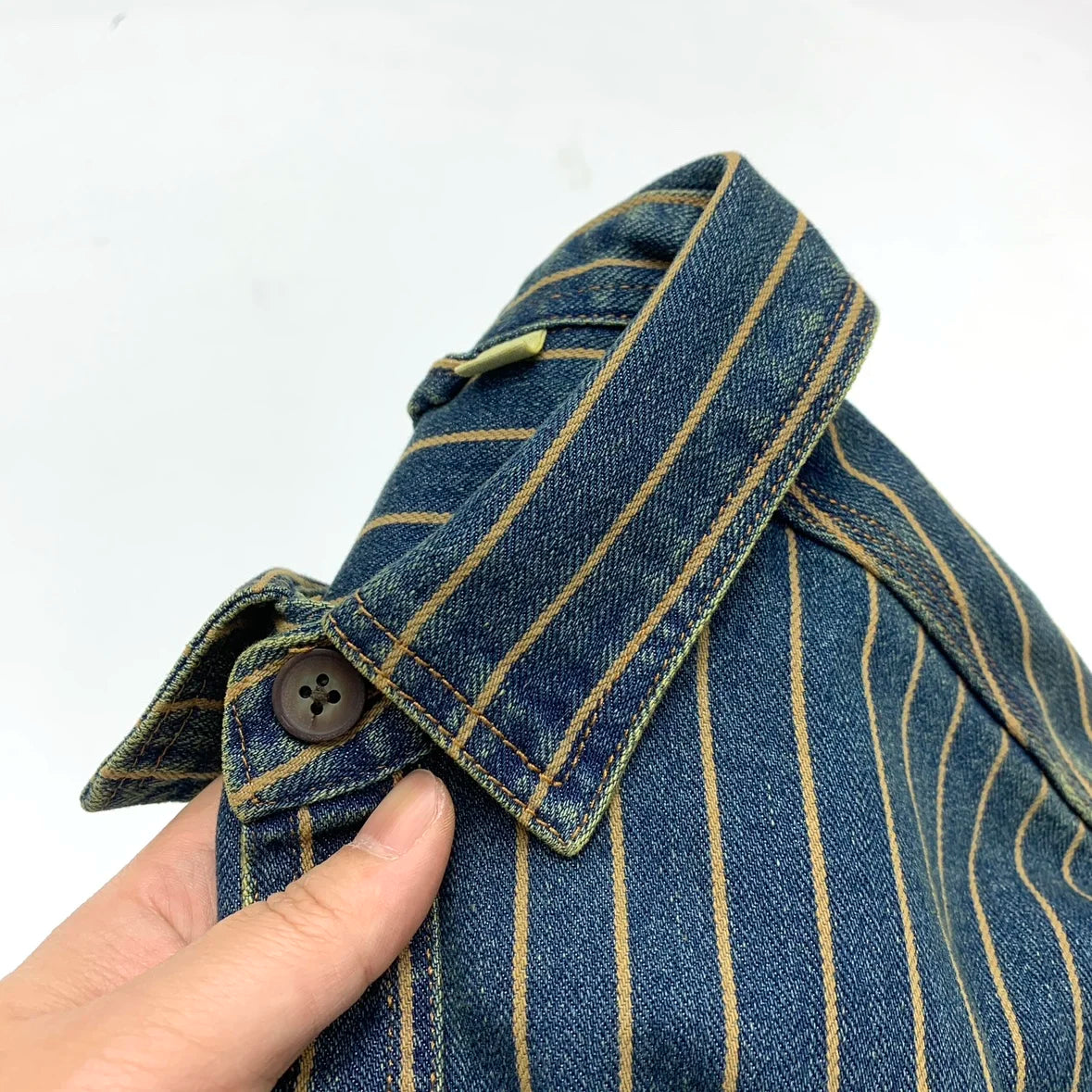 Heavy wash to make old striped shirt men's heavy chunky cargo denim jacket Autumn vintage Amei khaki coat