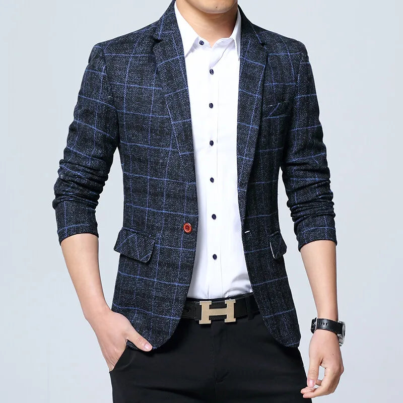 Men's Korean Style Spring Autumn Casual Small Suit Checkered Jacket Fitted Large Size Single Western Wear