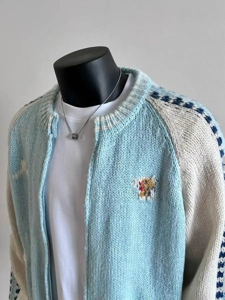 Retro Contrast Color Splicing Cardigan Couple Sweater Street Casual Loose Sports Y2K Top American Trendy Jacket Knitted Sweater