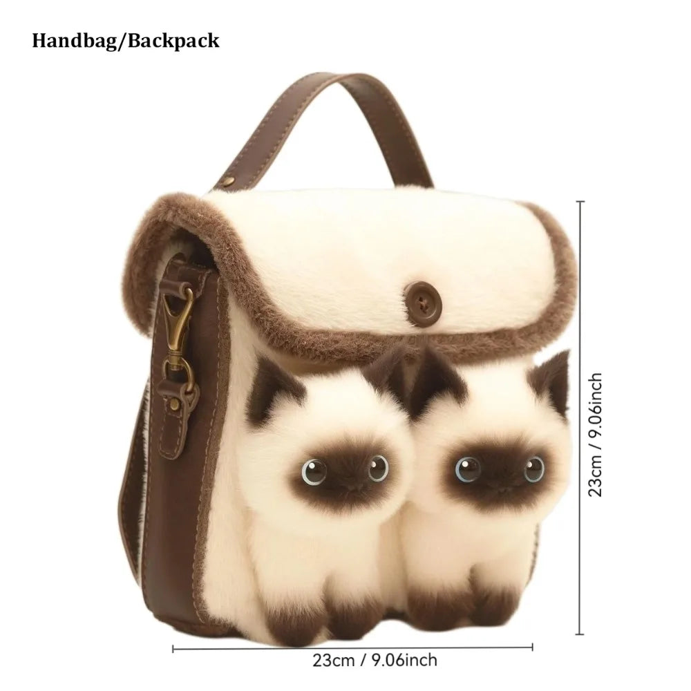 2025 Cute Plush Backpack Student Schoolbag Fashion Cartoon Furry Cat Bag Adorable Kitten Handbag for Woman Kids