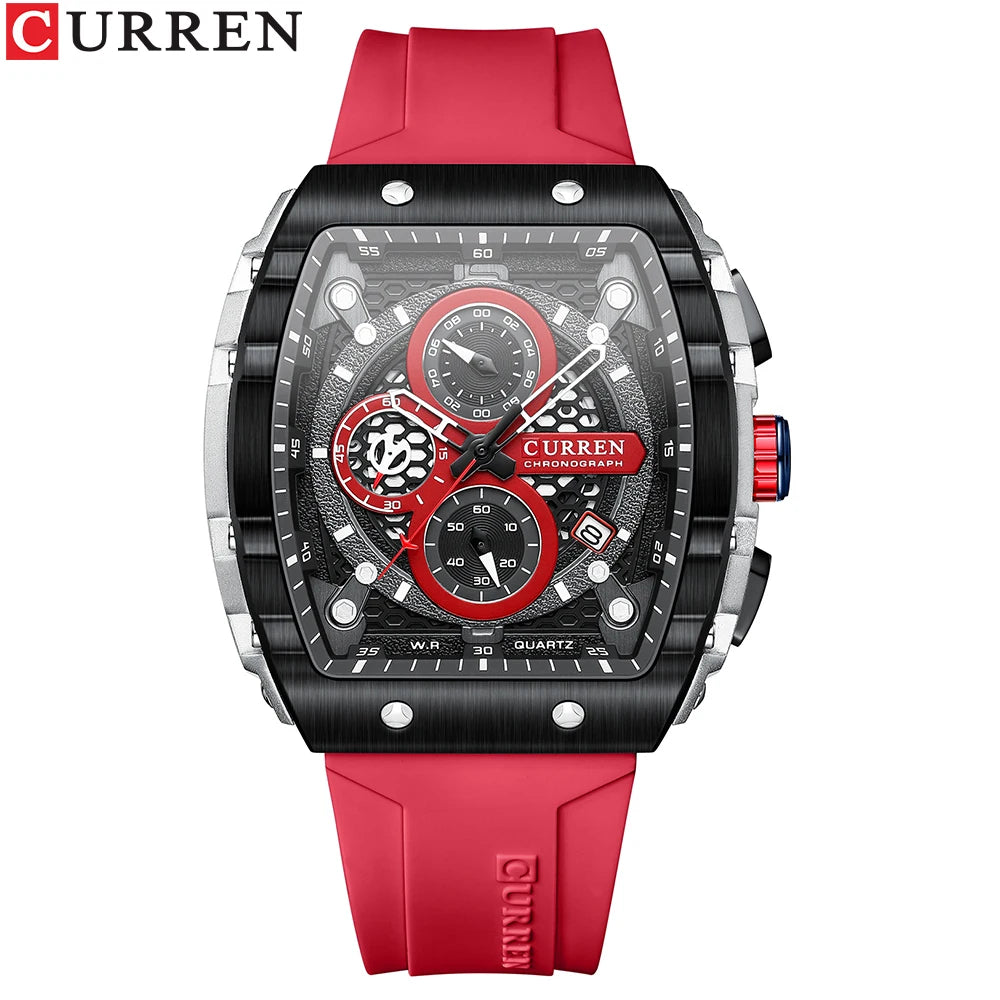 CURREN New Fashion Square Dial & Silicone Strap  Mens Watches Luxury Sport Waterproof Watch Man Chronograph Quartz WristWatches