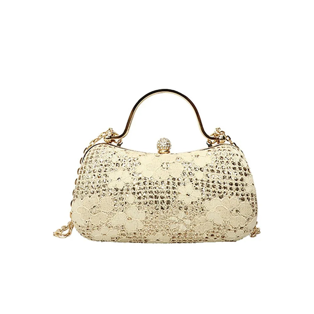 Elegant Luxury Evening Banquet Bag Shiny Flower Ladies Clutch Bag Rhinestone Metal Top Handle Chain Crossbody Bag Party