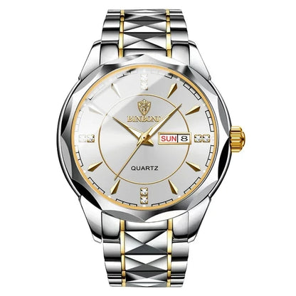 2025 New Watch Diamond Luxury Night Glow Double Calendar Quartz Movement Gold Blue Stainless Steel Fashion Business Man Watch