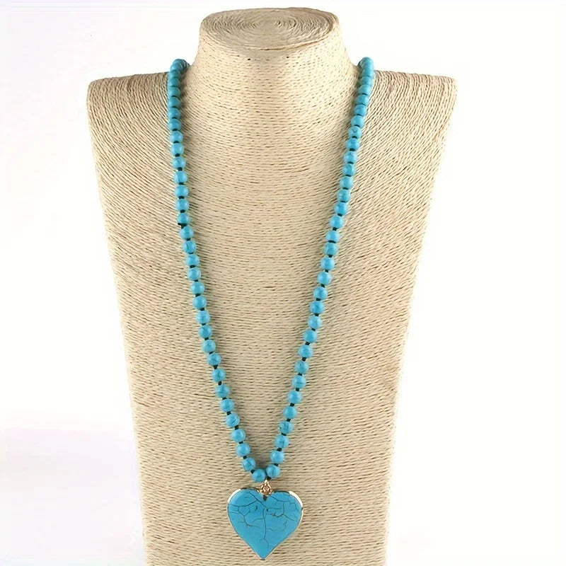Ethnic style Creative turquoise necklace Women's heart pendant Vintage turquoise long necklace sweater chain