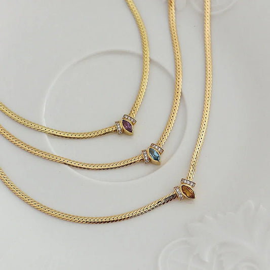 Colored Marquise eye stone necklaces stainless steel herringbone chain necklace for women minimalist dainty jewelry waterproof