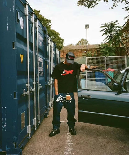 High Quality American Trendy Brand Jeans Icecream Running Dog Emboridery Wide Jeans Fashion Streetwear Denim Jeans Men