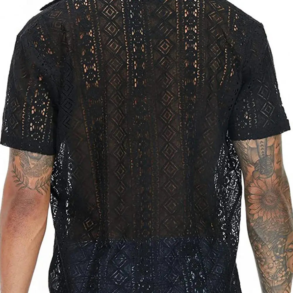 Summer Men Shirt Solid Color Hollow Out Lapel Short Sleeves Single-breasted Men Top Loose Mid-length Lace Male T-shirt