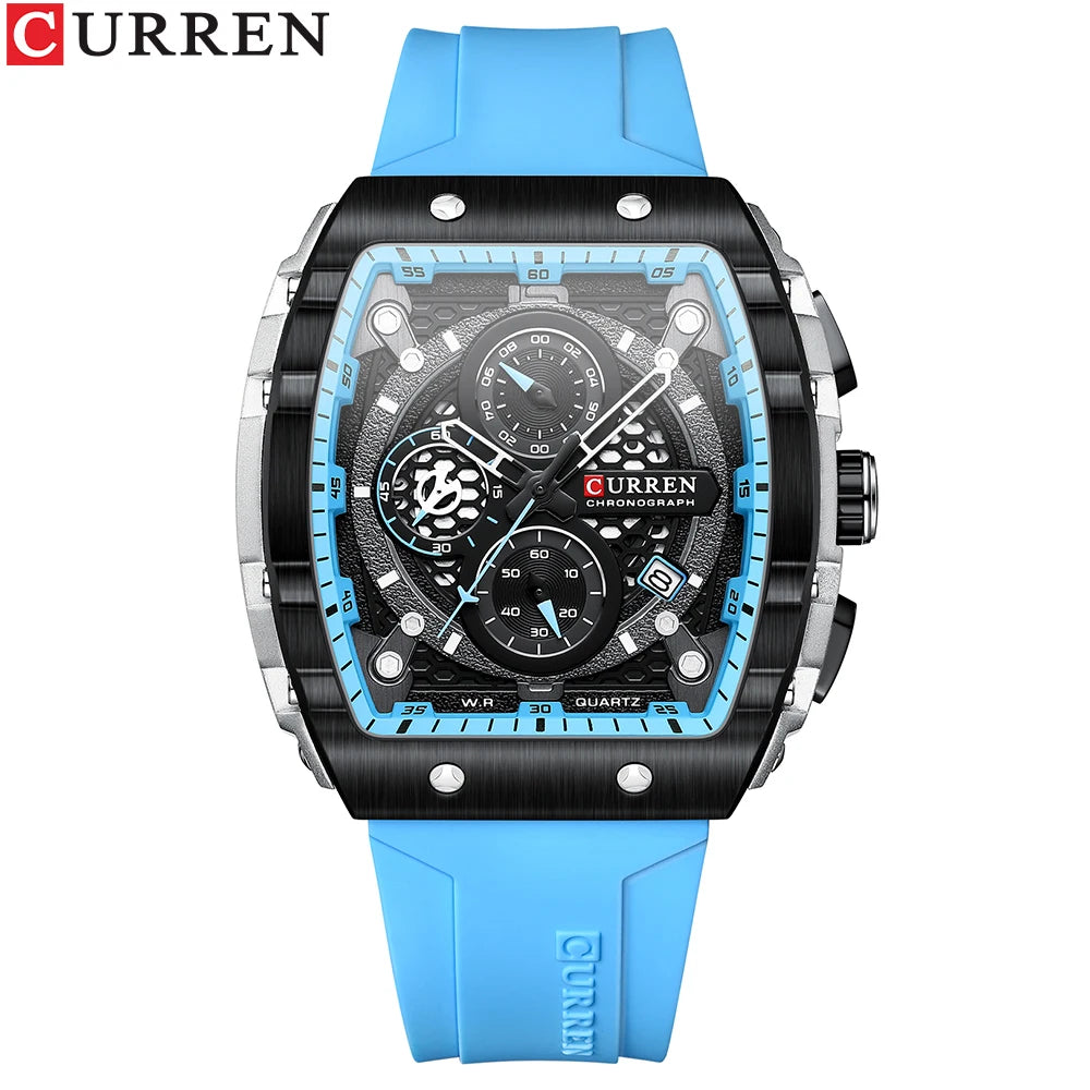 CURREN New Fashion Square Dial & Silicone Strap  Mens Watches Luxury Sport Waterproof Watch Man Chronograph Quartz WristWatches