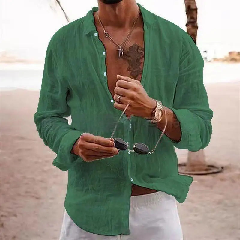 Cotton Linen New Men's Long Sleeve Shirt Solid Collar Casual Style