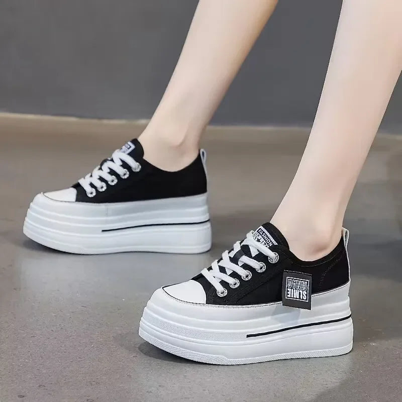 Casual Canvas Shoes 2024 New Women's Solid Color Thick Sole Sports Wedge Heel Height Increasing Breathable Vulcanized Women's