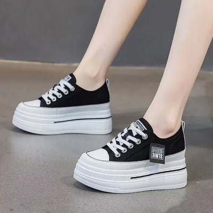 Casual Canvas Shoes 2024 New Women's Solid Color Thick Sole Sports Wedge Heel Height Increasing Breathable Vulcanized Women's