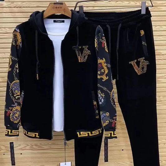 men's gold velvet casual two-piece set European and American spring new outerwear pants fashion youth suit mens
