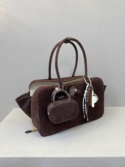 Autumn Winter Retro Suede Cowskin Tote Handbag Women Large Capacity Genuine Leather Armpit Bags Office Lady Single Shoulder Bag