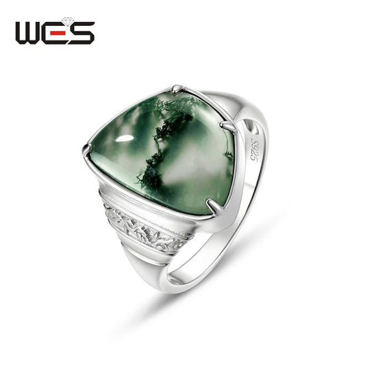 WES 925 Sterling Silver Moss Agate Rings for Woman Gemstone 10.5*15mm Certified Jewelry Wedding Gifts Anniversary Valentine Band