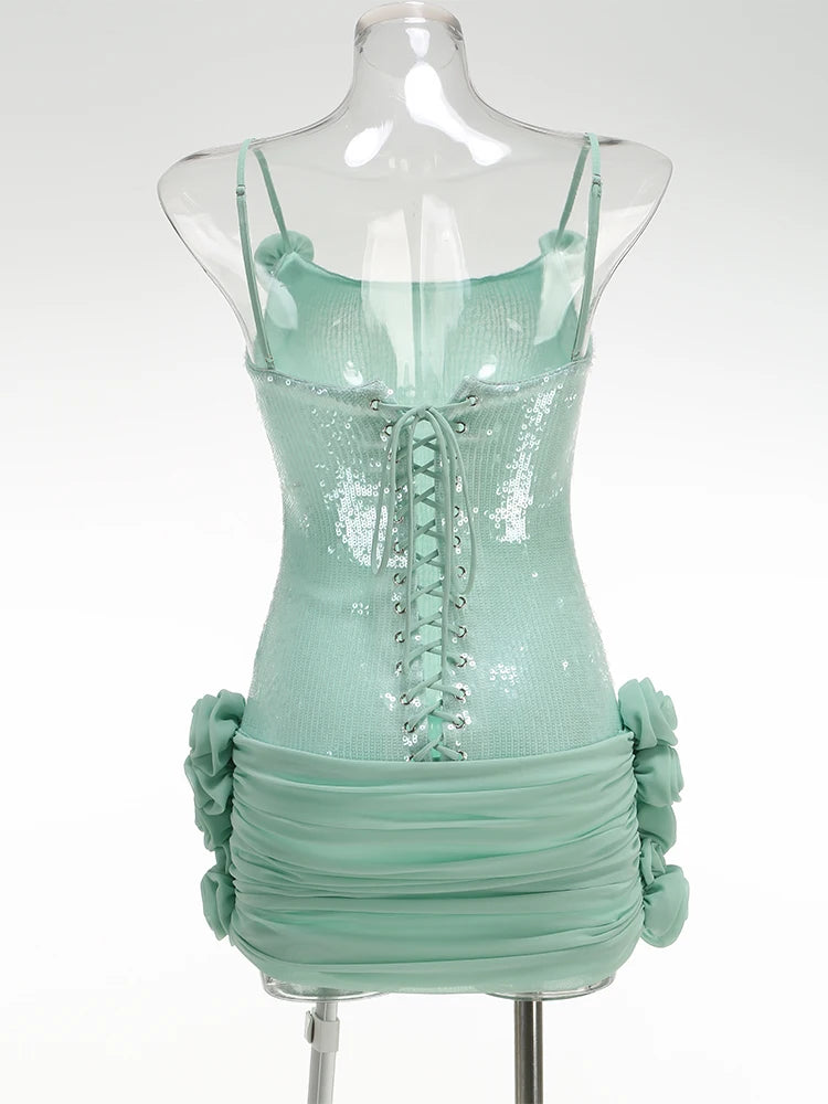 Sexy Spaghetti Strap Backless Prom Dresses for Women Luxury 2025 Summer Sequins Flower Lace-up Pleated Mini Dress Elegant Gowns