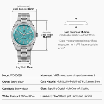 Watchdives WD0003B ‌Aventurine Dial Watch VH31 Quartz Movement Sapphire Crystal BGW9 Luminous 100m Waterproof 36mm Vintage Watch