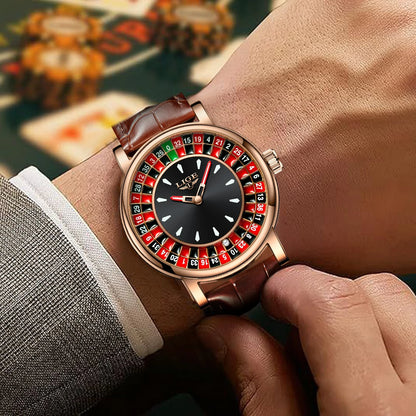 LIGE Fashion Leather Men Lucky Watch Rotating Dial Las Vegas Roulette Desktop Lucky Watch Men Waterproof Luminous Clock Watches