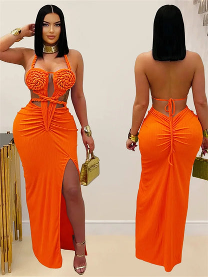 kliou Sexy Knitted Women Maxi Dress Hipster Coquette Halter Lace Up Backless Split Sheath Vestidos Mujer Nightout Party Frock