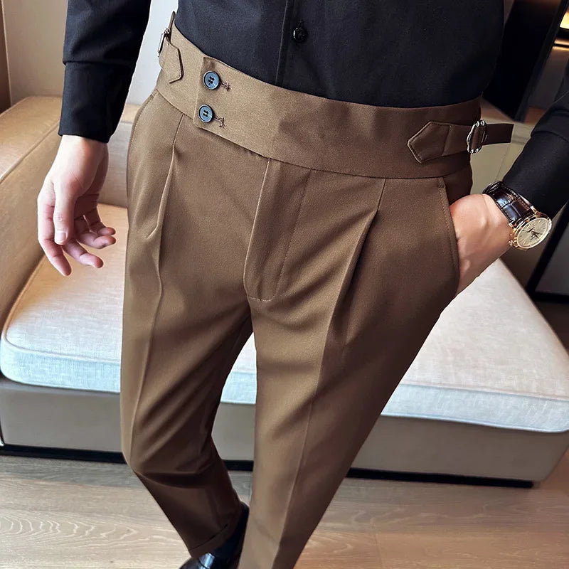 Autumn Winter High Waist Business Dress Pants Men Casual Belt Design Slim Suit Pants Formal Wedding Social Party Male Trousers