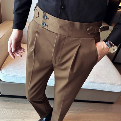 Autumn Winter High Waist Business Dress Pants Men Casual Belt Design Slim Suit Pants Formal Wedding Social Party Male Trousers