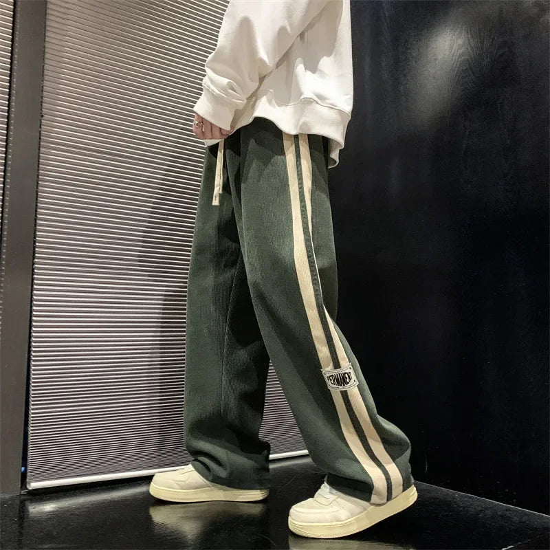 Spring Autumn Men's Corduroy Pants American Style Loose Fit Casual Striped Letter Straight Leg Couple Bell Bottoms Trendy New Mo
